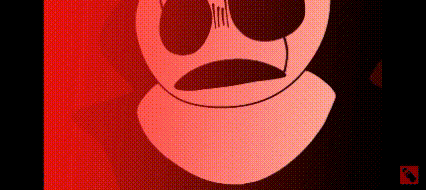 a close up of a cartoon character 's face with a red background and a black background .