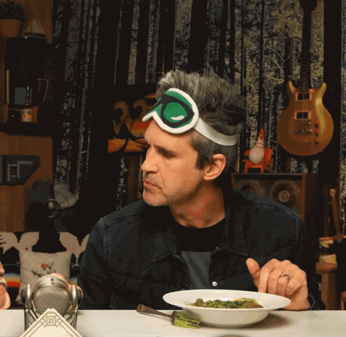 a man wearing ski goggles says i was right in front of a bowl of food