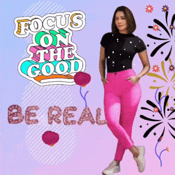 a woman stands in front of a sign that says focus on the good