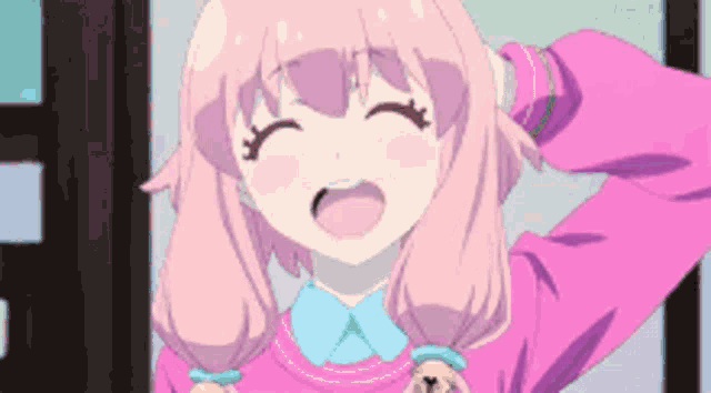 a girl with pink hair is wearing a pink sweater and holding a teddy bear .