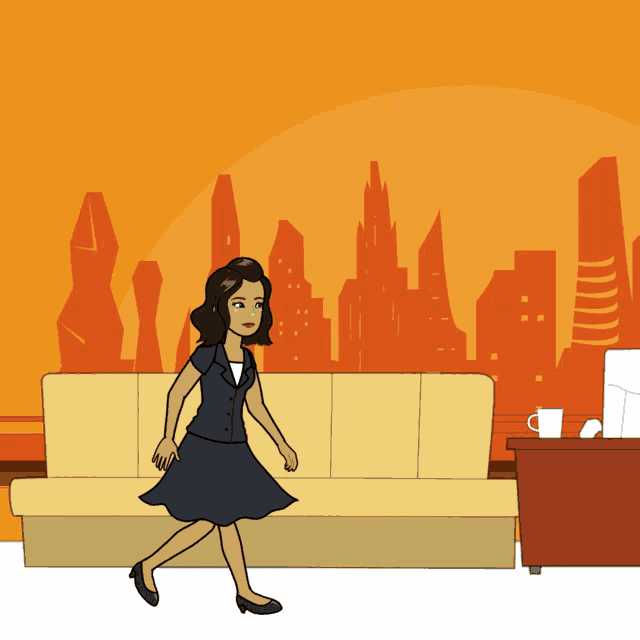 a cartoon of a woman walking across a yellow couch