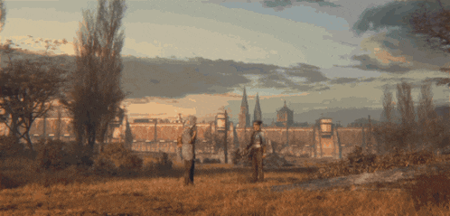 a painting of a man and woman standing in a field with a city in the background