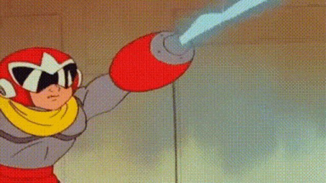 a cartoon character is holding a blue object in his hand and a red helmet .
