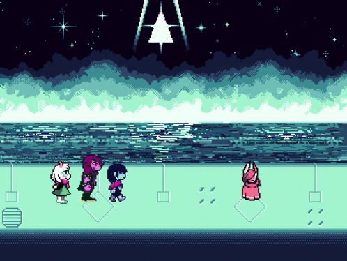 a pixel art of a group of characters standing on a beach
