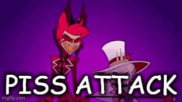 a couple of cartoon characters standing next to each other on a purple background with the words `` piss attack '' written on it .
