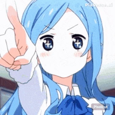 a girl with blue hair is pointing at the camera