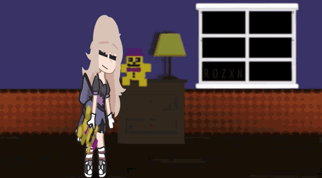 a drawing of a girl standing in front of a window with the name rozxn on it