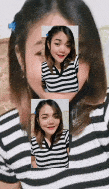 a woman wearing a black and white striped shirt is smiling for the camera
