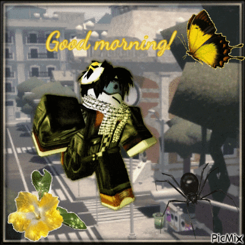 a postcard that says good morning with a spider and a butterfly