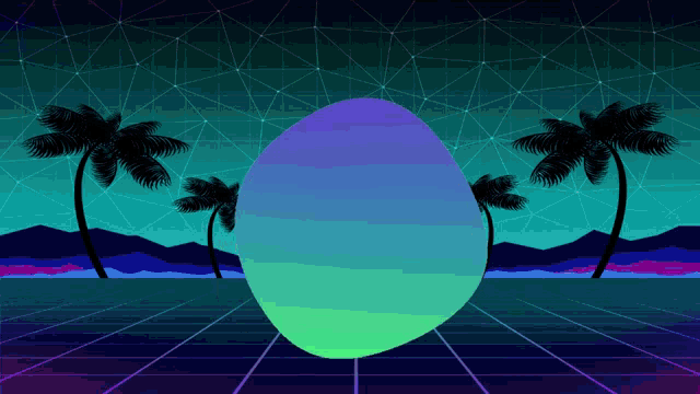 a blue and green egg is surrounded by palm trees and mountains