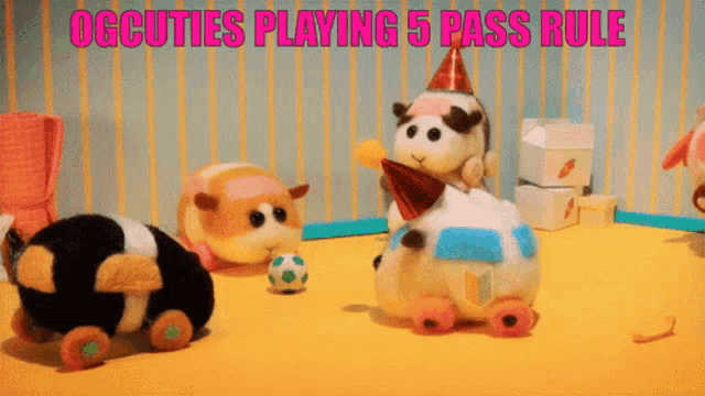 a group of stuffed animals are playing a game called ogcuties playing 5 pass rule .