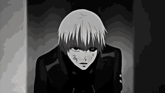 a black and white drawing of a person with a red eye