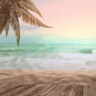 a wooden deck with a palm tree in the background and the ocean in the background