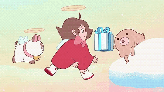 a cartoon of a girl holding a gift box and two animals