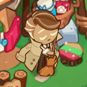a cookie run character is holding a broom in his hand .