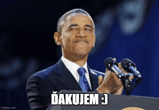barack obama is giving a speech in front of two microphones with a caption that says " dakujem "