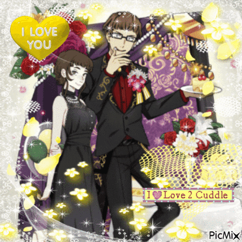 a couple of anime characters standing next to each other with a heart that says i love you