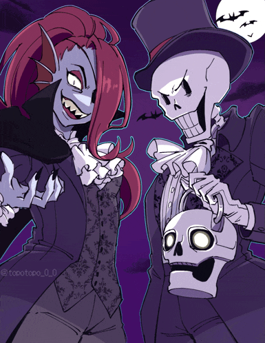 a drawing of a vampire and a skeleton holding a skull bucket