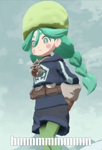 a cartoon character with green hair and a green hat says hmmmmmmmmm
