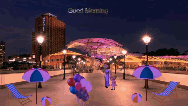a good morning greeting is displayed on a city street