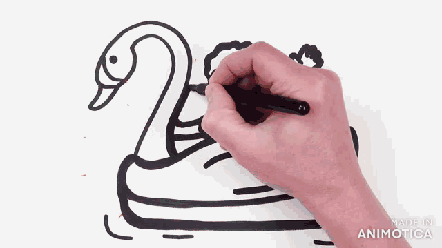 a hand is drawing a swan on a piece of paper with the words made in animatica below it