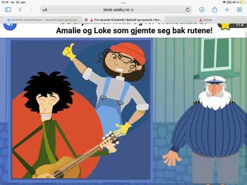 a cartoon of a man playing a guitar with the words amalie og loke som gjemte seg bak rutene above him