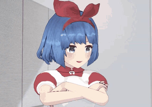 a cartoon girl with blue hair and a red bow on her head