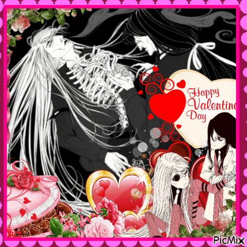 a valentine 's day card with a skeleton kissing a woman