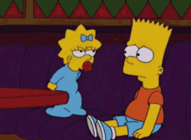 bart simpson and maggie simpson are sitting on a couch talking to each other