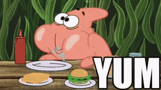 a cartoon character is sitting at a table eating a hamburger .