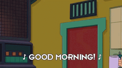 a cartoon says good morning with a red door in the background
