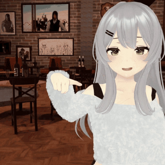 a girl with gray hair is pointing at something in a restaurant