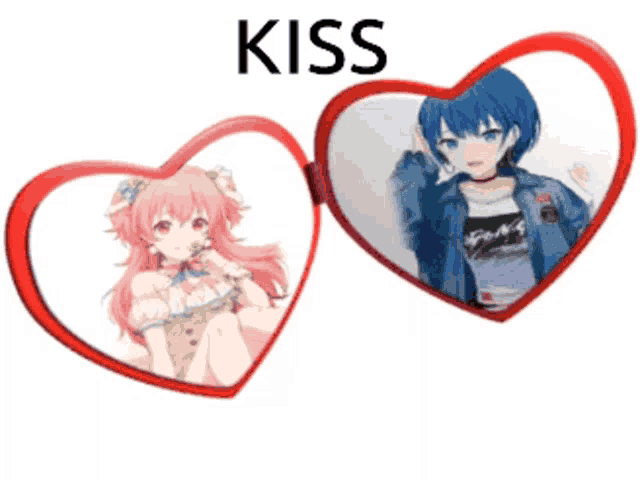 a girl with pink hair is sitting next to a boy with blue hair in a heart shaped mirror ..
