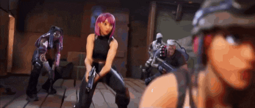 a woman with pink hair is holding a gun in front of a group of people