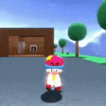 a cartoon character wearing a colorful hat is standing in front of a building