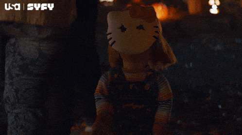 a doll wearing a hello kitty mask says hi im chucky wanna play