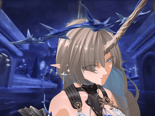 a girl with a horn on her head is wearing a black choker