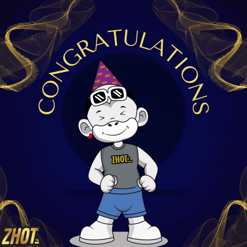 a cartoon character wearing a party hat with the words congratulations written around him