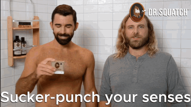 two men in a bathroom with the words sucker punch your senses