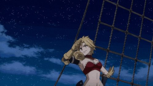 a woman in a red top and gold gloves is standing on a boat