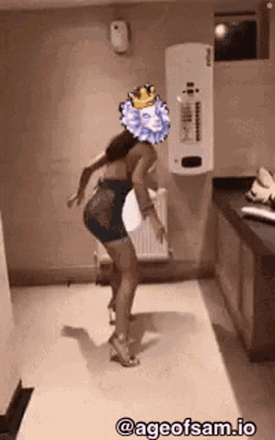 a woman with a crown on her head is dancing in a room with ageofsam.io written on the bottom