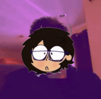 a cartoon drawing of a person 's head with glasses and a purple background
