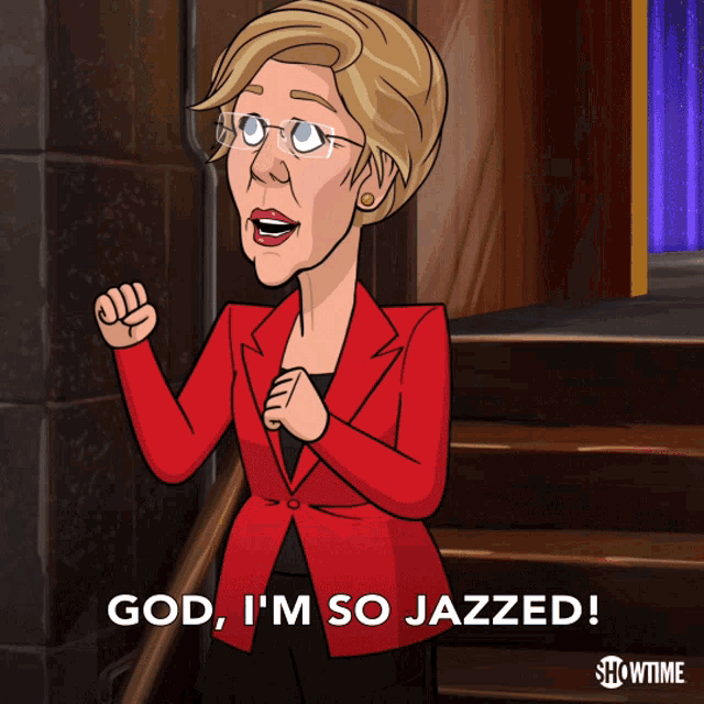 a cartoon of a woman with the words god i 'm so jazzed