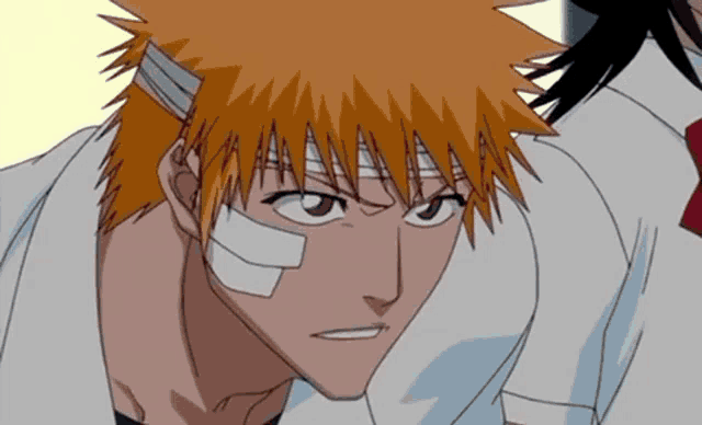 a close up of a cartoon character with a bandage on his head
