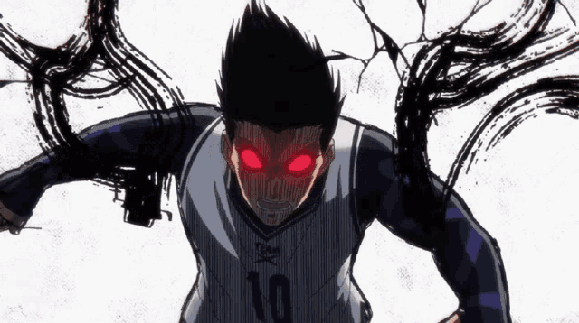 a basketball player with red eyes and the number 10 on his shirt