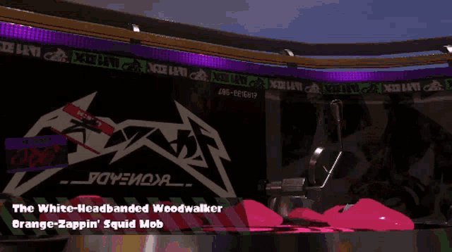 a screenshot of a video game shows the white headbanded woodwalker orange-zappin ' squid mob