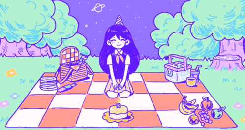 a cartoon drawing of a girl sitting on a checkered blanket