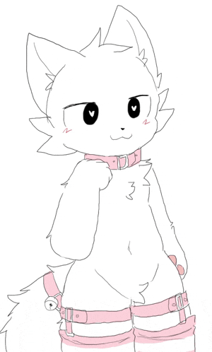 a drawing of a white furry animal wearing a pink collar and leg harnesses