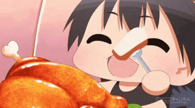 a cartoon character is eating a piece of meat with a fork