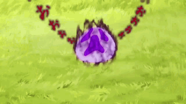 a cartoon drawing of a purple sphere with glowing eyes surrounded by green grass and red flowers .